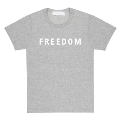 Gray t-shirt with 'FREEDOM' printed on it against a white background