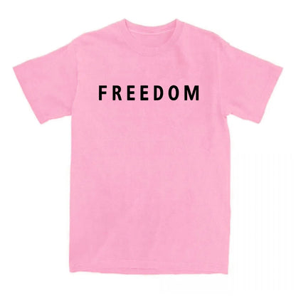Pink t-shirt with 'FREEDOM' printed in black on a white background