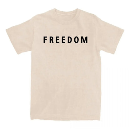 Beige t-shirt with 'FREEDOM' printed in black on a white background