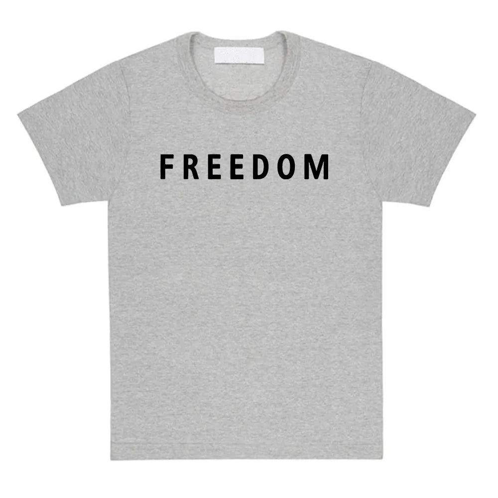 Gray t-shirt with 'FREEDOM' printed on it against a white background