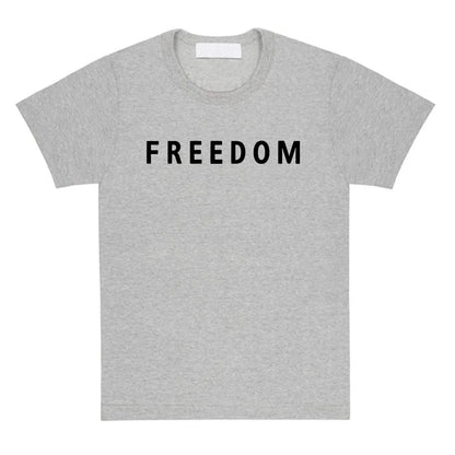 Gray t-shirt with 'FREEDOM' printed on it against a white background