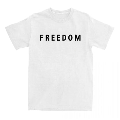 White t-shirt with 'FREEDOM' printed in black on a white background