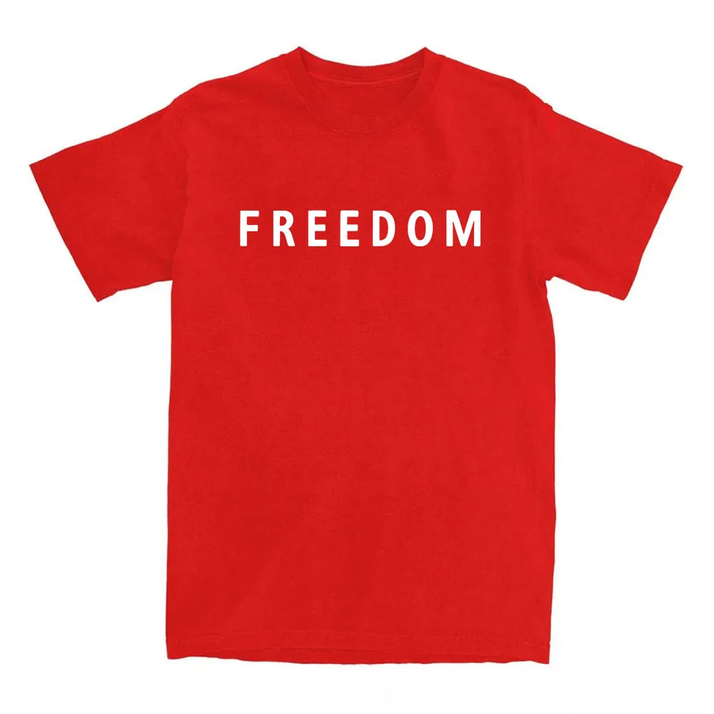 Red t-shirt with 'FREEDOM' printed in white on a white background