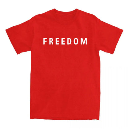 Red t-shirt with 'FREEDOM' printed in white on a white background