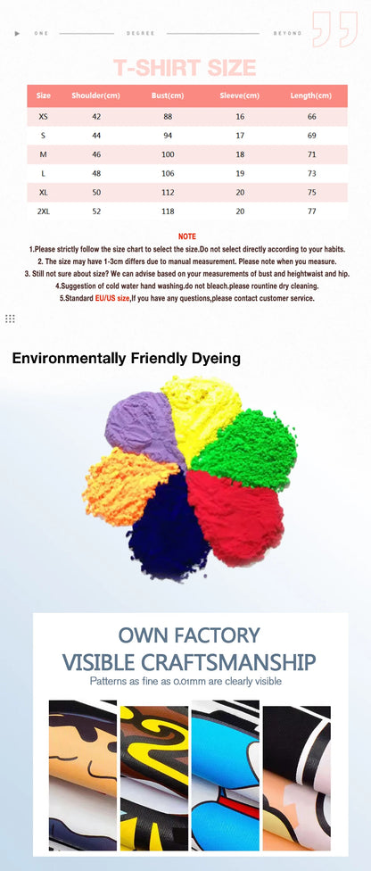 T-shirt size chart and environmentally friendly dyeing options with colorful yarn samples.