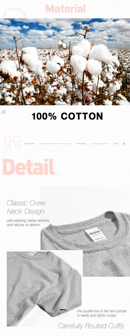 Gray t-shirt with a label on a white background, featuring text about 100% cotton and product details.