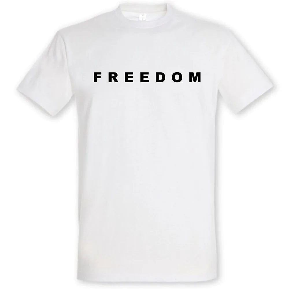 White t-shirt with 'FREEDOM' printed in black on a white background