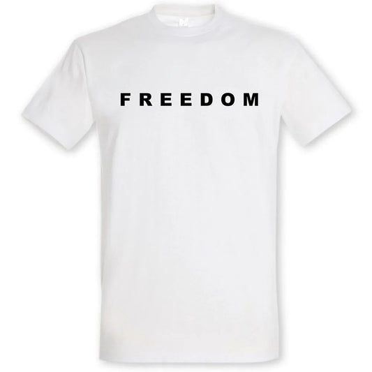White t-shirt with 'FREEDOM' printed in black on a white background
