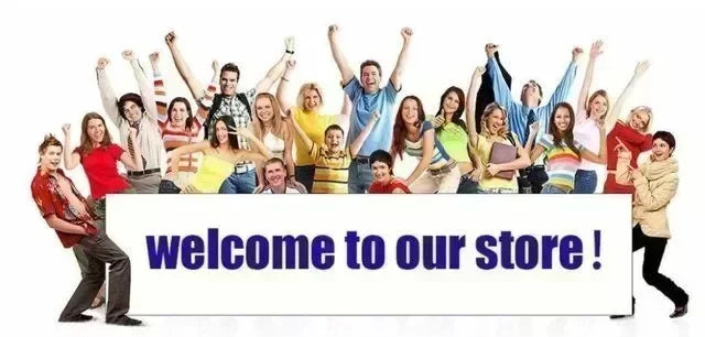 Group of people with a 'welcome to our store!' sign