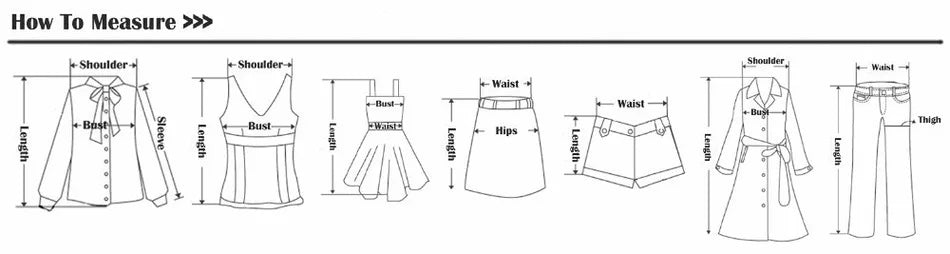 Measurement chart for clothing items including shirts, dresses, skirts, and pants.