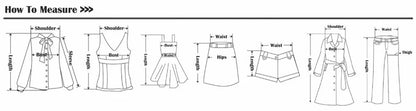 Measurement chart for clothing items including shirts, dresses, skirts, and pants.