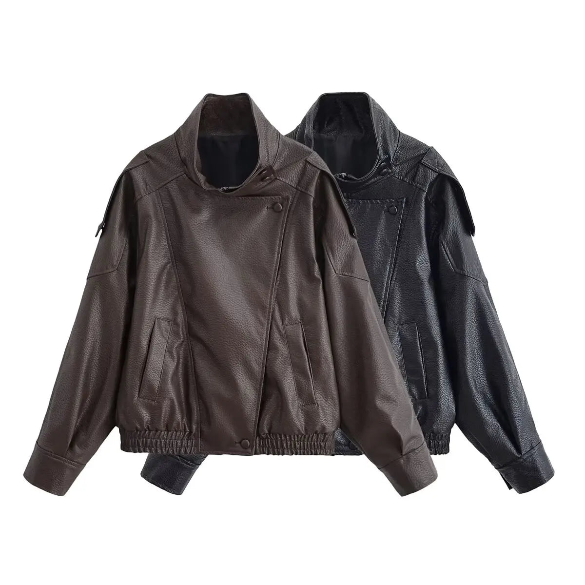 Two leather jackets, one brown and one black, on a white background.