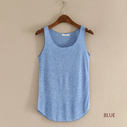 Blue tank top on a hanger against a beige background