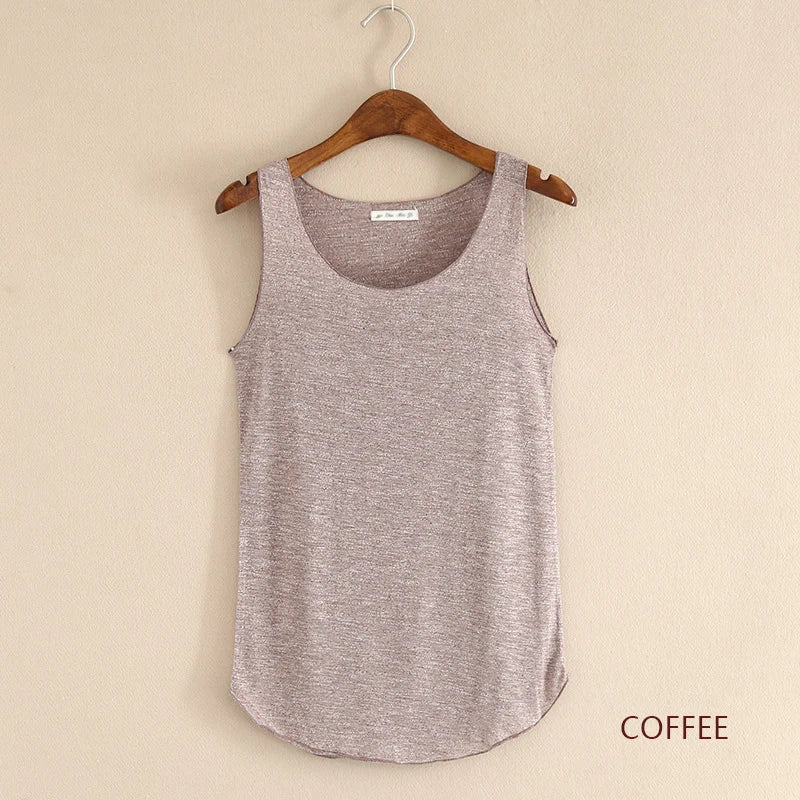 Gray tank top on a hanger against a beige background with 'COFFEE' label.