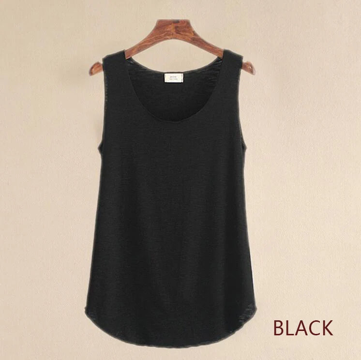Black sleeveless top on a beige background with 'BLACK' text.