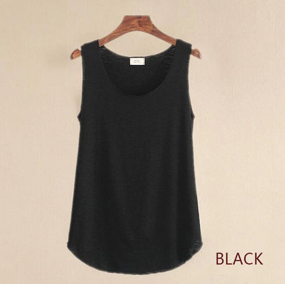 Black sleeveless top on a beige background with 'BLACK' text.