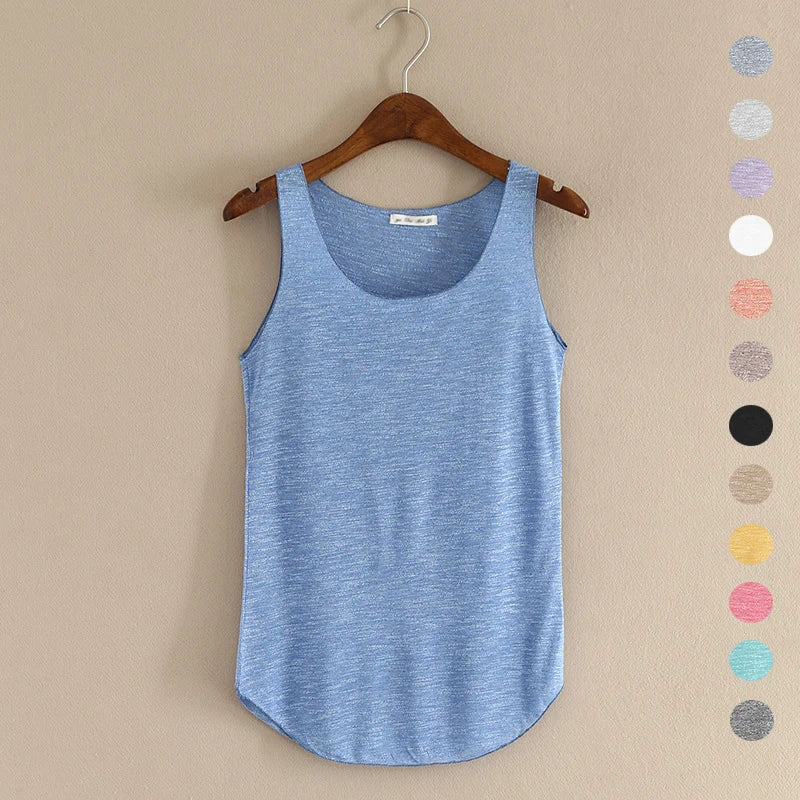 Blue tank top on a hanger against a beige background with color swatches.