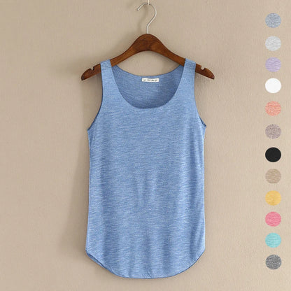 Blue tank top on a hanger against a beige background with color swatches.