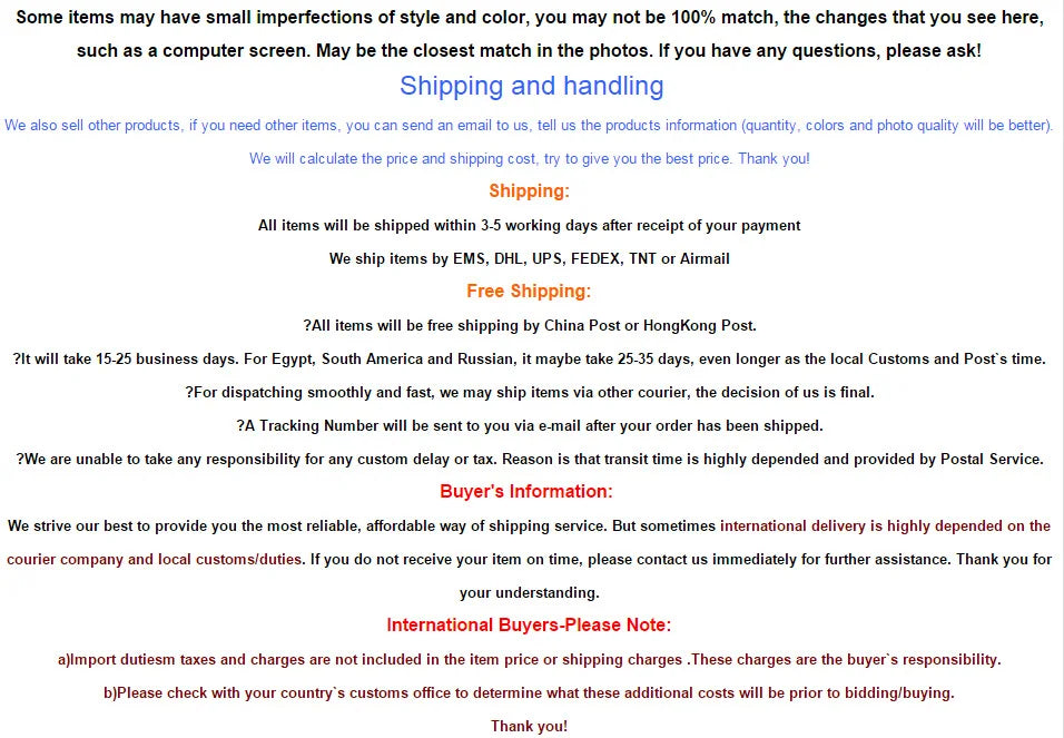 Text detailing shipping and handling information on a white background