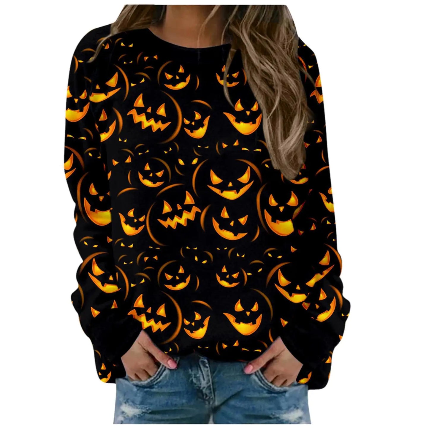 Black sweatshirt with orange pumpkin faces pattern on a white background