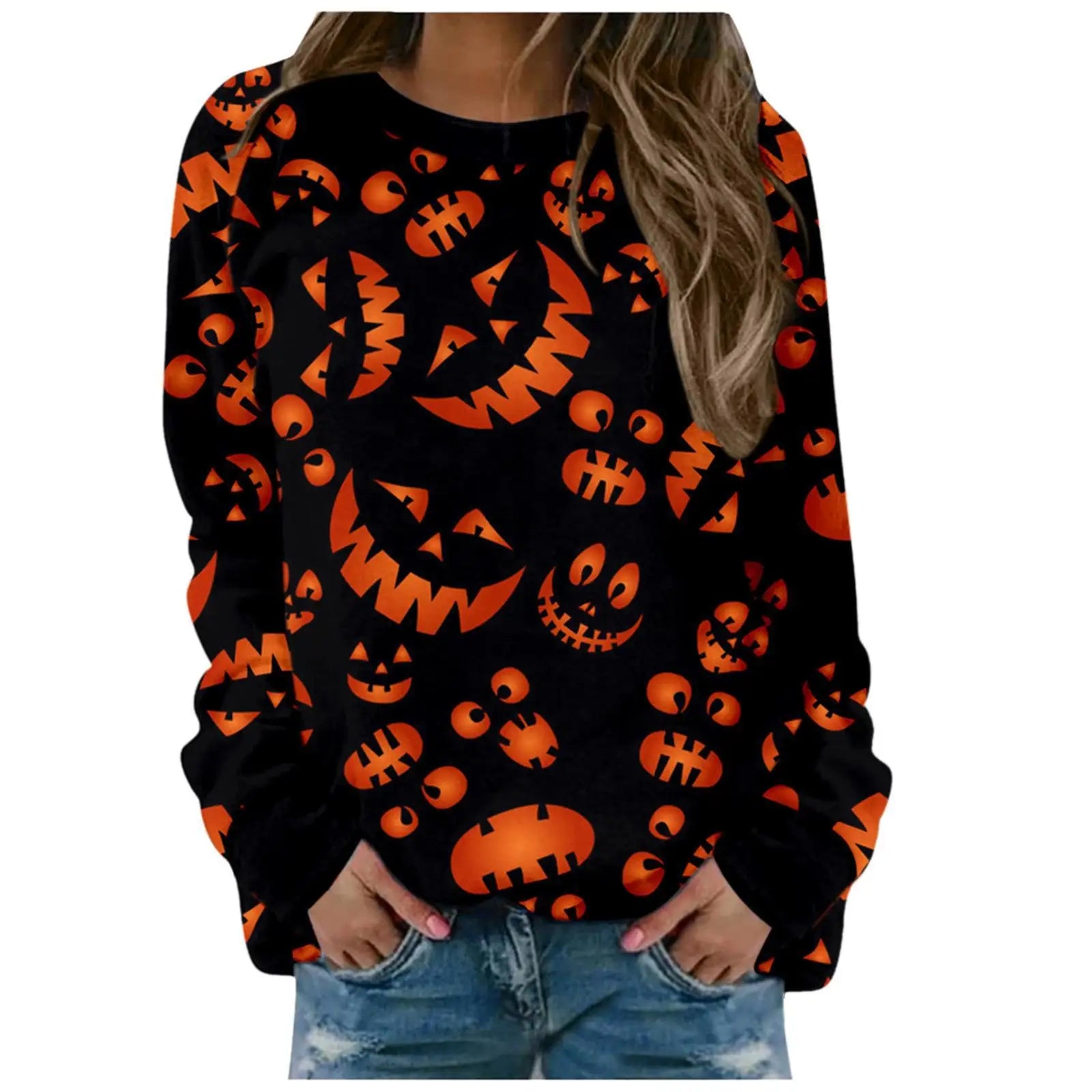 Black sweatshirt with orange Halloween patterns on a white background