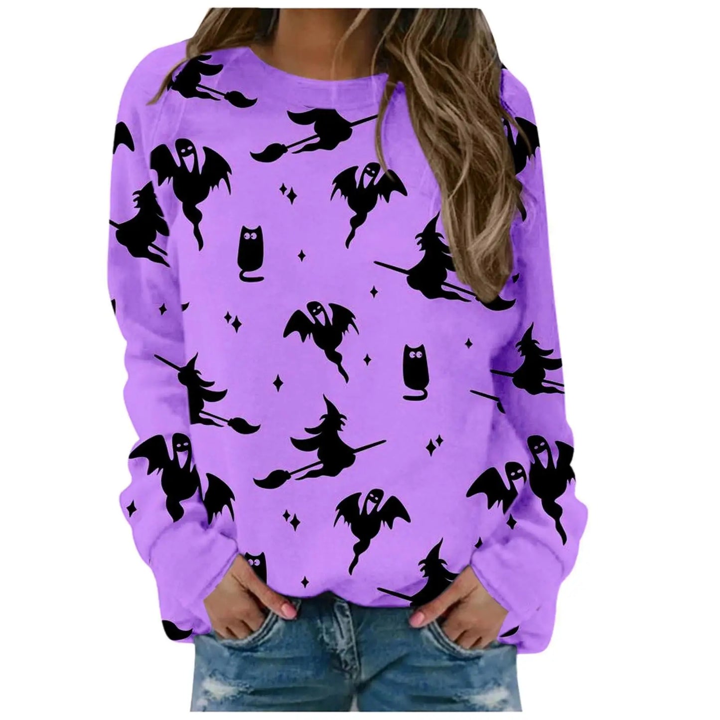 Purple sweatshirt with black Halloween-themed patterns worn by a person on a white background