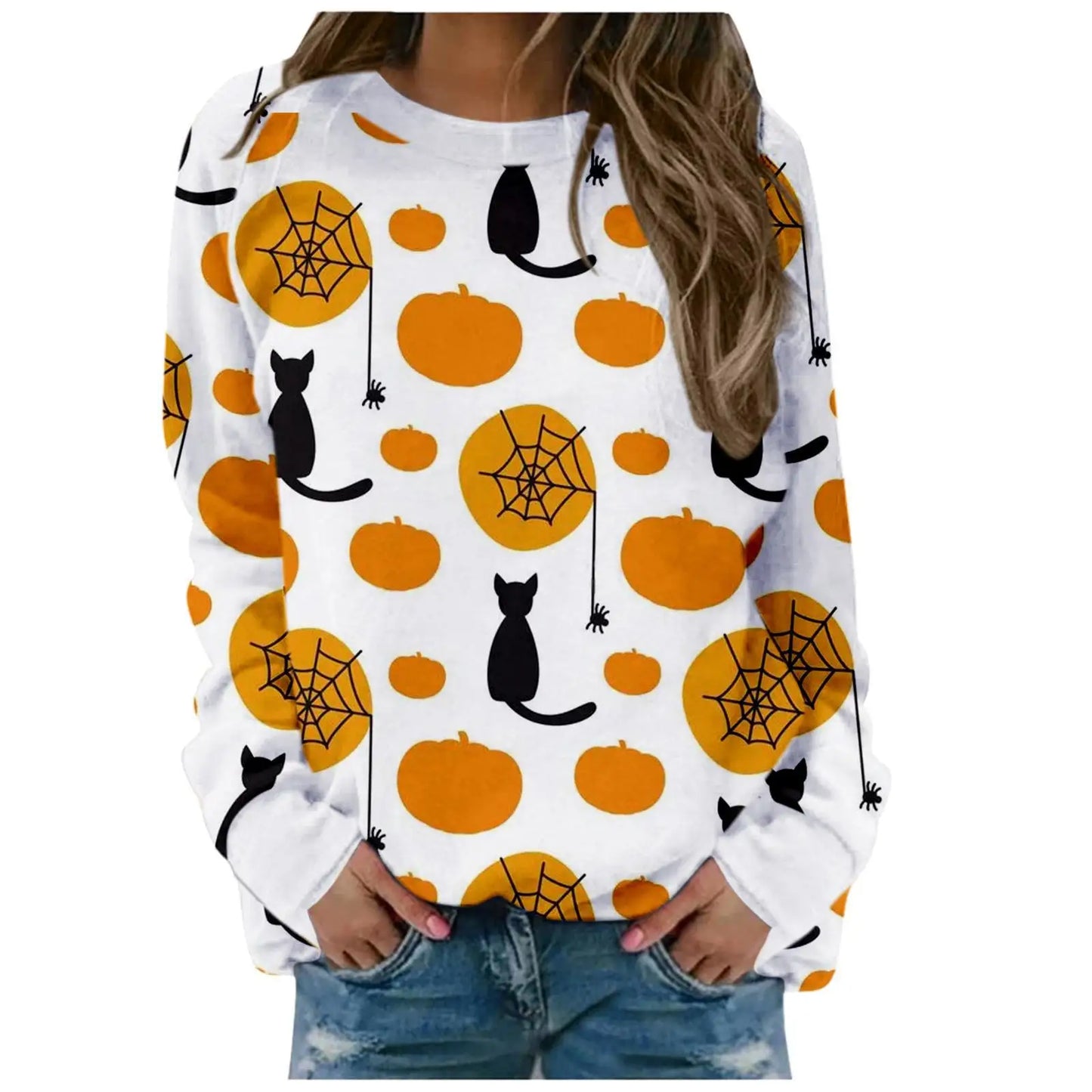 White sweatshirt with Halloween-themed pattern featuring pumpkins, cats, and spider webs on a white background.