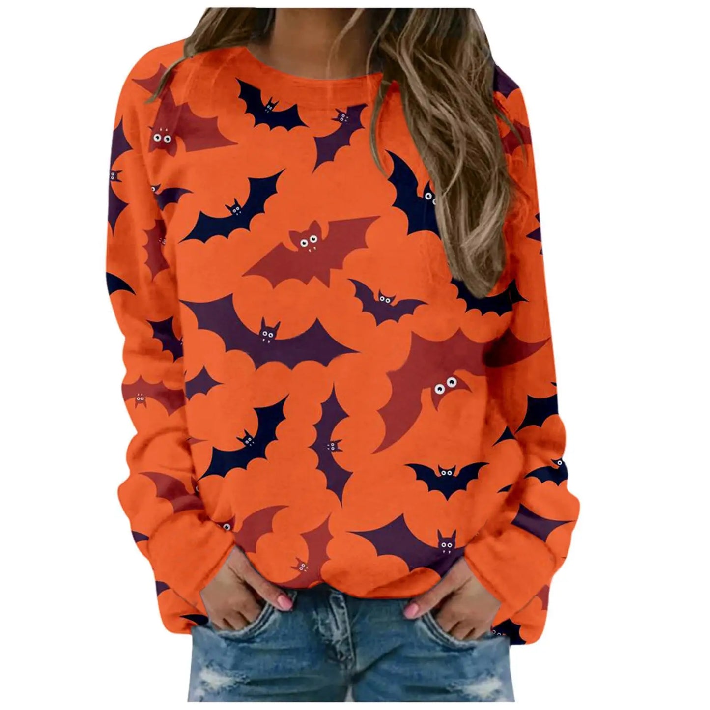 Orange sweatshirt with Halloween bat pattern worn by a person on a white background