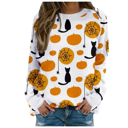 White sweatshirt with Halloween-themed design featuring pumpkins, cats, and spider webs on a white background.