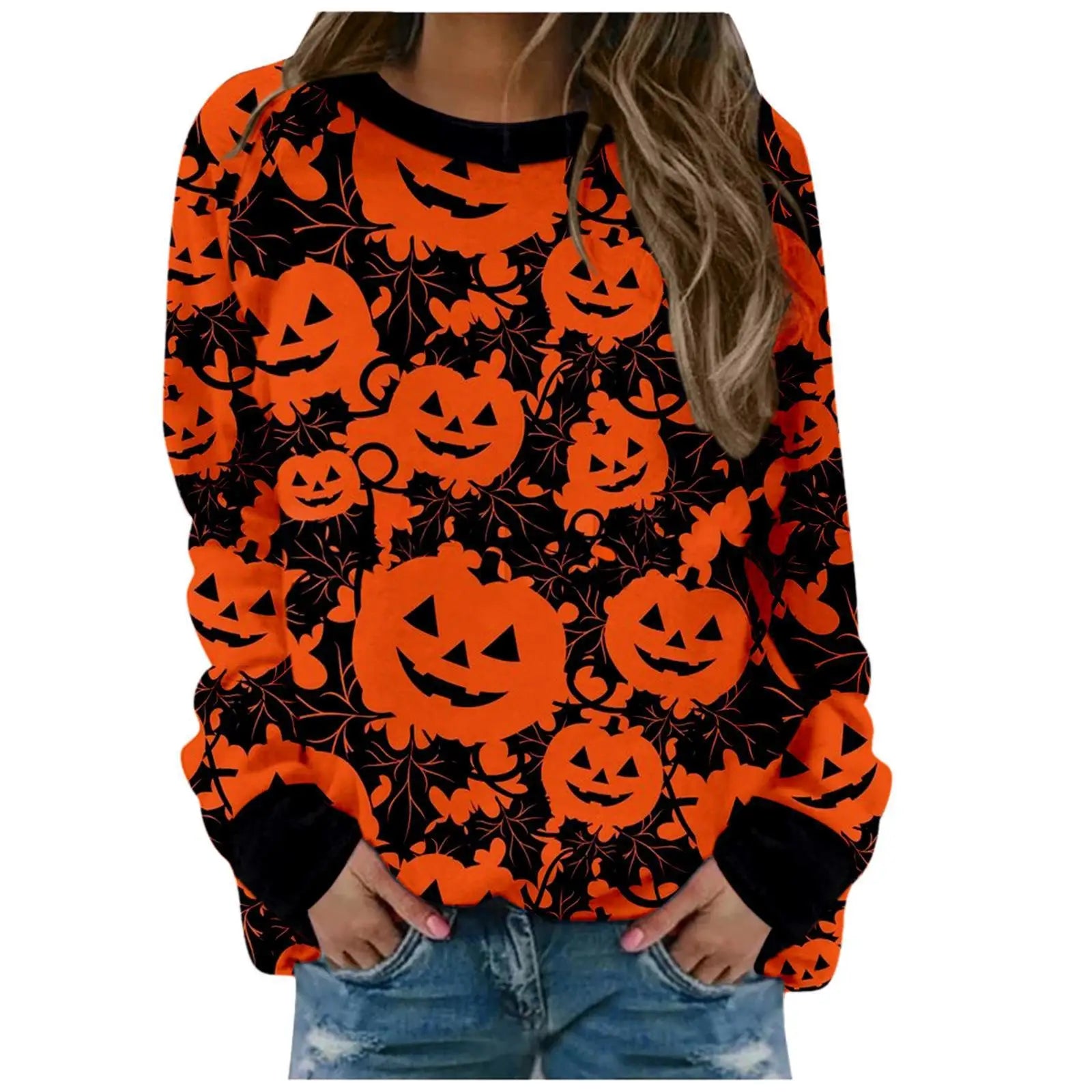 Halloween-themed sweatshirt with orange pumpkins on a black background