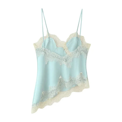 Light blue lace-trimmed top on a white background