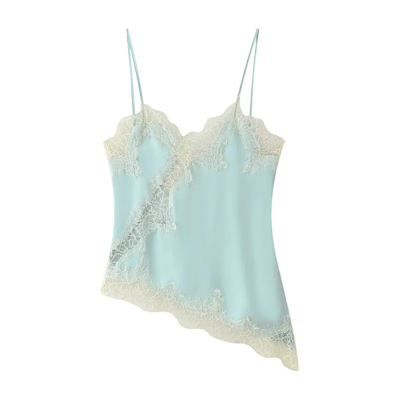 Light blue lace-trimmed camisole on a white background