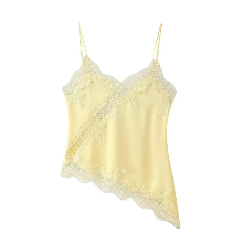 Yellow lace-trimmed camisole on a white background