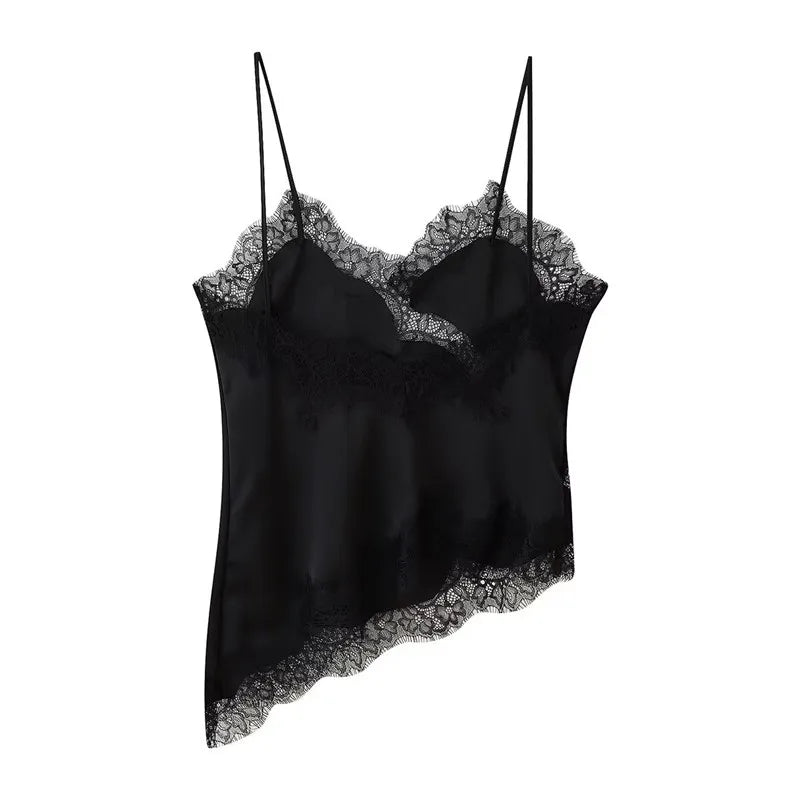 Black satin camisole with lace trim on a white background