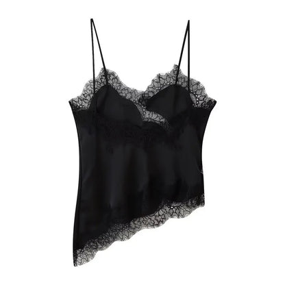 Black satin camisole with lace trim on a white background