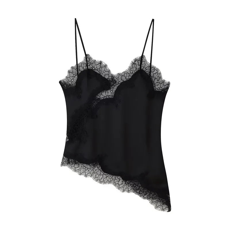 Black satin camisole with lace trim on a white background