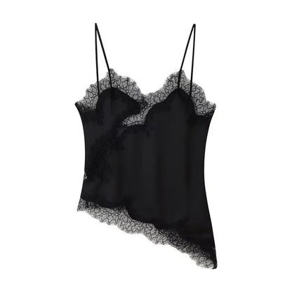 Black satin camisole with lace trim on a white background