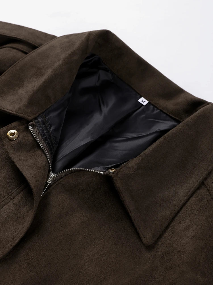 Brown jacket with a close-up of the collar and zipper area on a light gray background