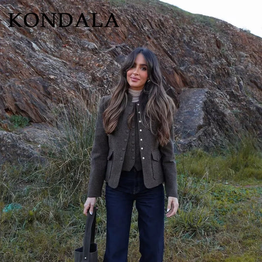 Woman standing in a natural setting with 'Kondala' branding.