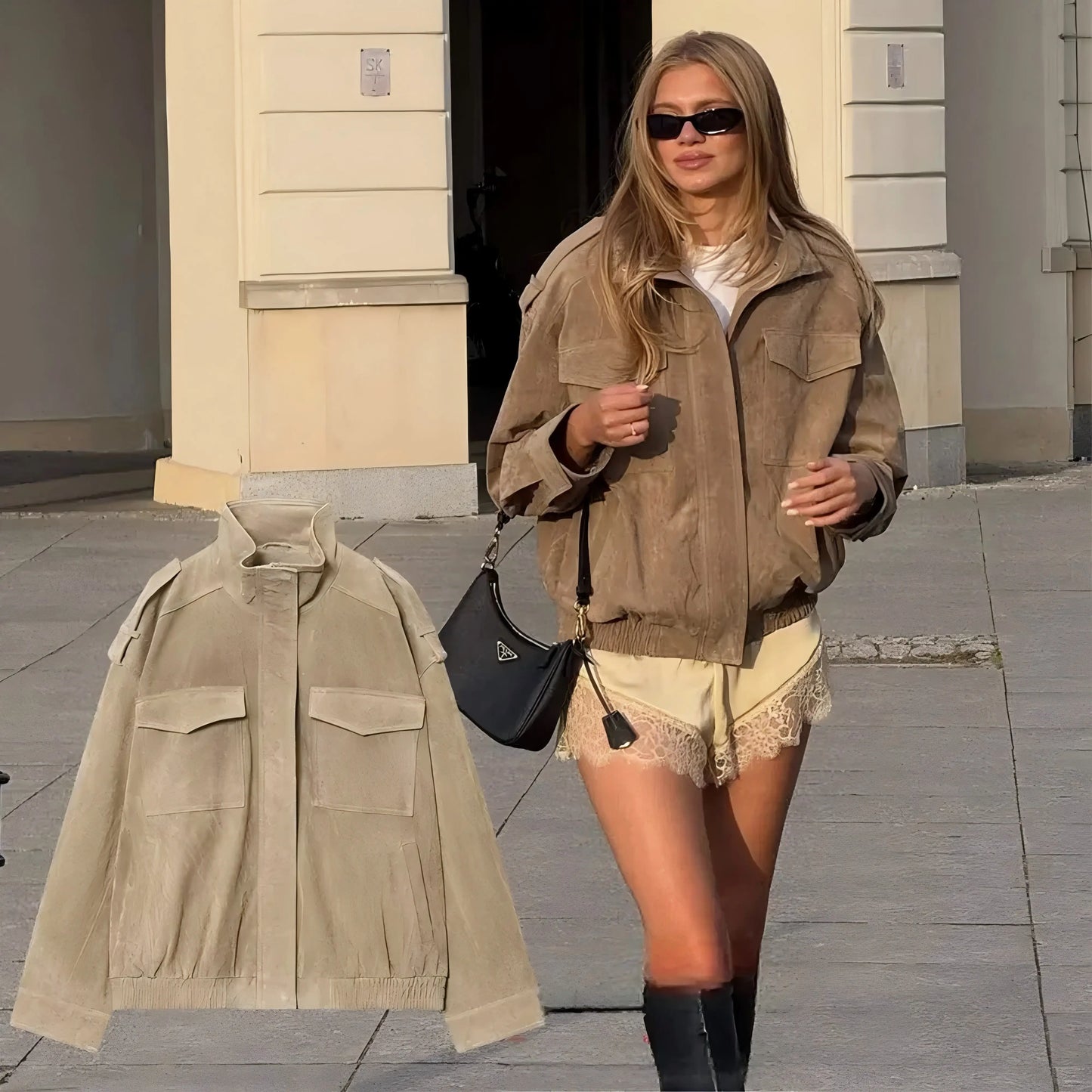 Woman wearing a beige jacket and sunglasses, with a close-up of the jacket on the left.