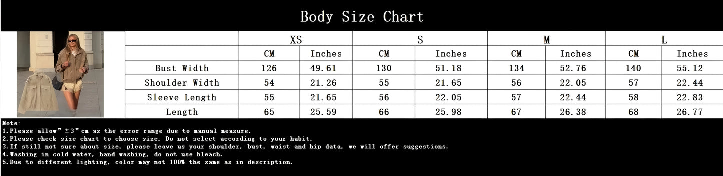 Body size chart with measurements in centimeters and inches for various clothing sizes.