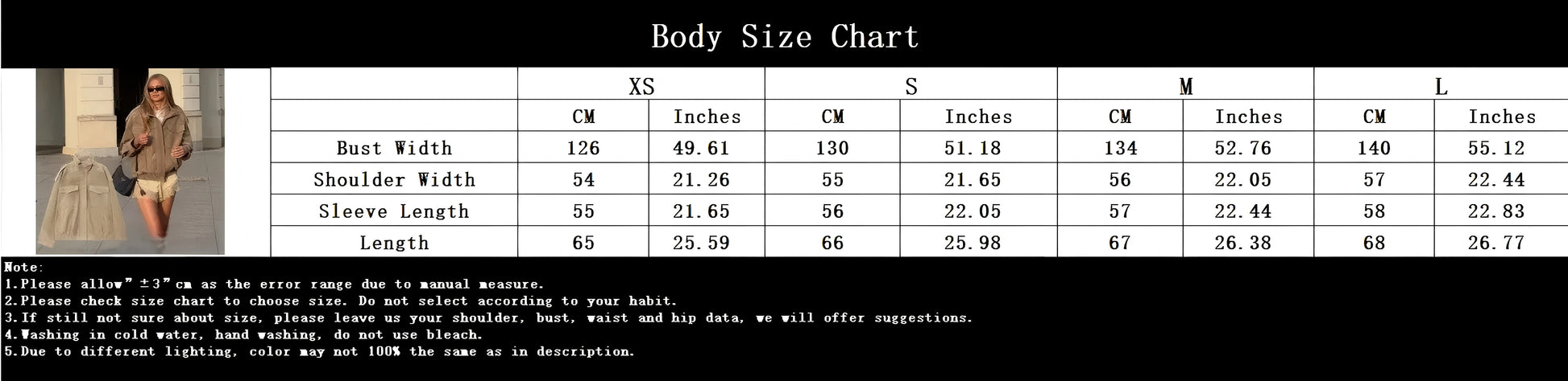 Body size chart with measurements in centimeters and inches for various clothing sizes.