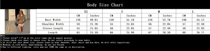 Body size chart with measurements in centimeters and inches for various clothing sizes.