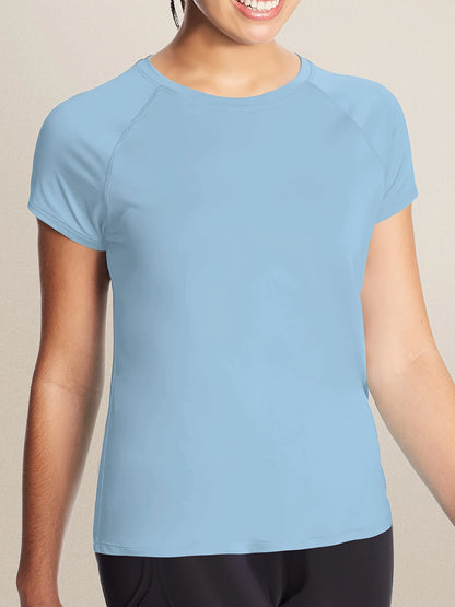 Light blue t-shirt worn by a person on a beige background