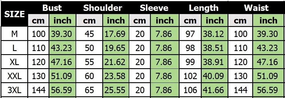 Measurement chart for clothing sizes M to 3XL with dimensions in centimeters and inches.