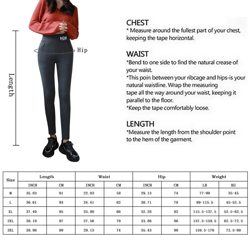 Measurement guide for clothing with a person wearing a red sweater and gray leggings.