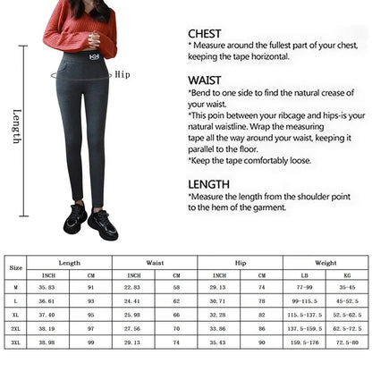 Measurement guide for clothing with a person wearing a red sweater and gray leggings.
