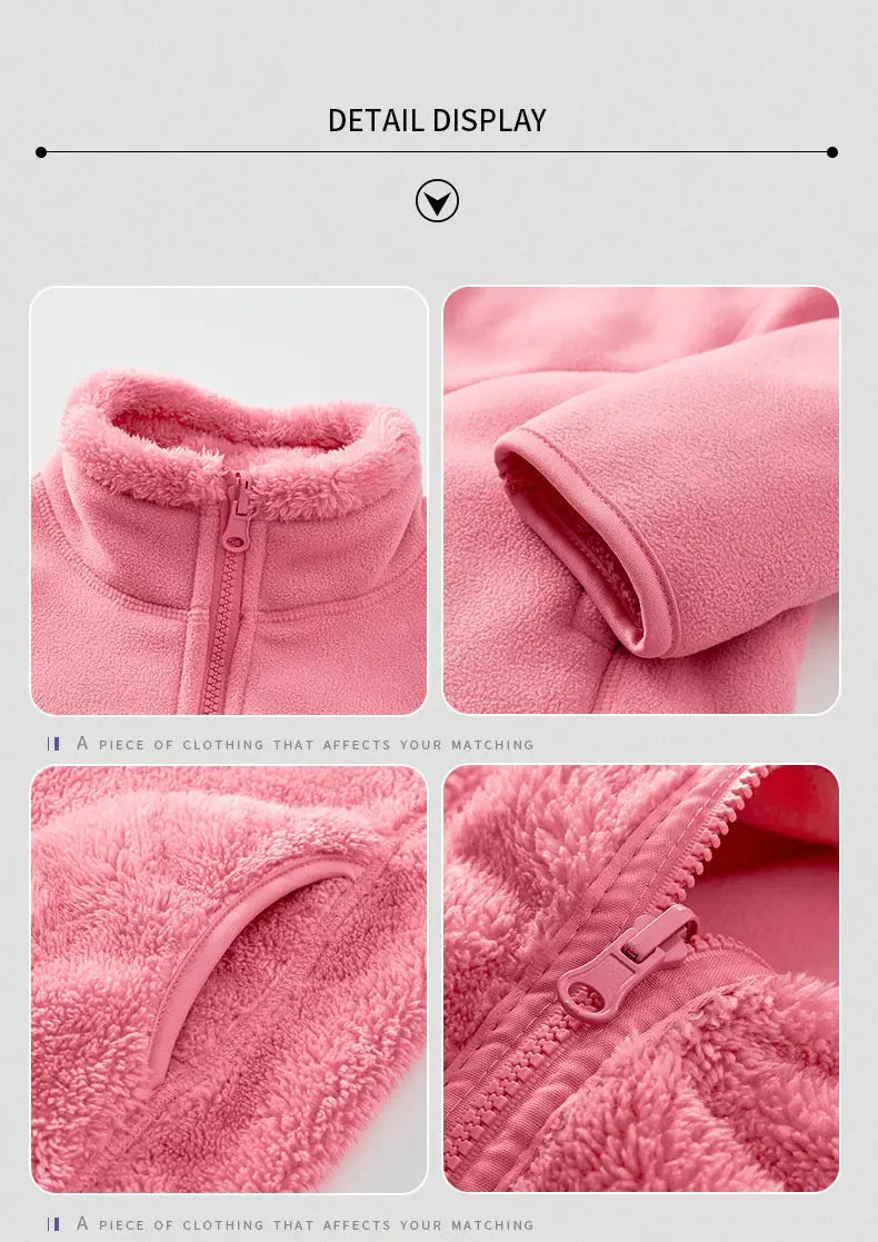 Close-up details of a pink fleece garment on a light gray background