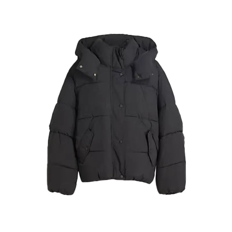 Black puffer jacket on a white background