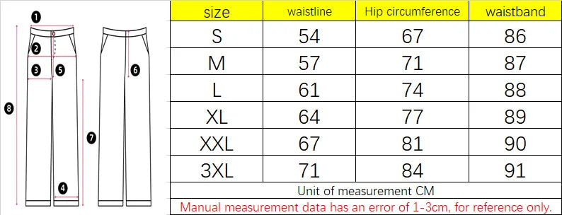 Pants size chart with measurements in centimeters